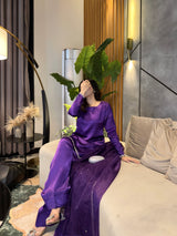Purple Reyyan silk farshi set by MONA featuring three elegant pieces with intricate detailing.