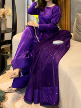 Purple Reyyan silk farshi set by MONA featuring a three-piece design with elegant draping and intricate details.