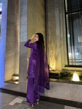 Purple MONA Reyyan silk farshi set featuring three elegant pieces with intricate detailing and flowing fabric.