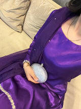 Purple MONA Reyyan Silk Farshi Set featuring three elegant pieces draped on a mannequin against a soft background.