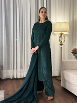 Emerald Grace silk 3-piece set by MONA, featuring luxurious silk fabric with elegant draping and vibrant green color.