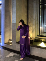 Purple Reyyan Silk Farshi Set by MONA featuring a three-piece design with elegant draping and intricate detailing.