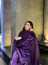 Purple Reyyan silk farshi set by MONA, featuring intricate design and three elegant pieces displayed together.