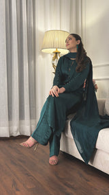 Emerald Grace 3 Piece Silk Set by MONA, featuring a luxurious emerald green color and elegant design.