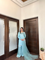 Aqua Silk Sharara Set by MONA featuring a stylish top, sharara pants, and matching dupatta in elegant fabric.