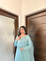 Aqua Silk Sharara Set by MONA, featuring a stylish three-piece outfit with intricate detailing and flowy sharara pants.