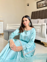Aqua Silk 3 Piece Sharara Set by MONA featuring an elegant top, sharara pants, and matching dupatta.