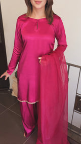 Reyyan pink silk farshi set by MONA, featuring three elegant pieces with intricate detailing and a flowing silhouette.