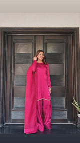 Reyyan Pink Silk Farshi Set by MONA, featuring a three-piece ensemble with intricate designs and luxurious fabric.